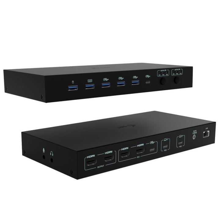 Statie de andocare i-Tec USB-C KVM PRO, trei gazde, dual video, negru