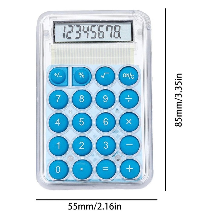 Mini zsebszámológép, 8 számjegyű, napelemes, átlátszó, színes kerek gombokkal, hordozható - kék