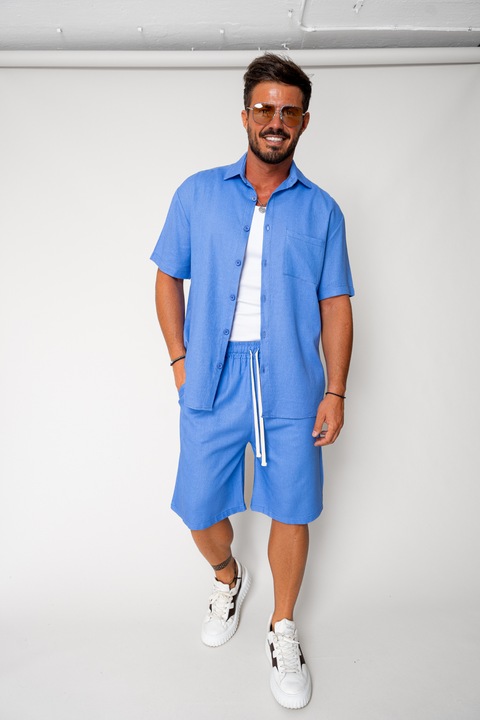 Комплект от ленена риза и къси панталони Lion, син 17723, Син