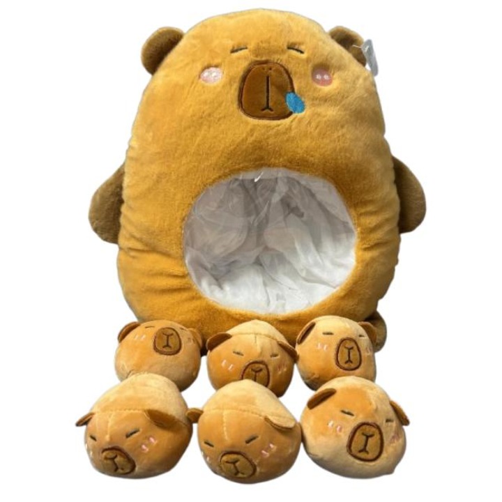Jucarie tip perna de plus, Capybara, cu 6 puisori, maro, 50 cm