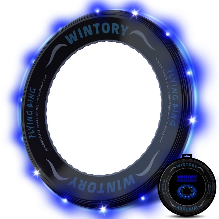 LED-es frizbi, 14 fény, PVC + PP, CR2032 gombelem, kék, 24,6 cm átmérő