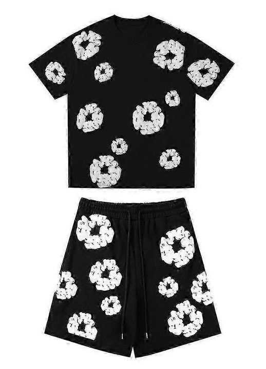 Compleu unisex, doua piese, negru, casual, poliester, maneci scurte, pantaloni scurti, XL INTL