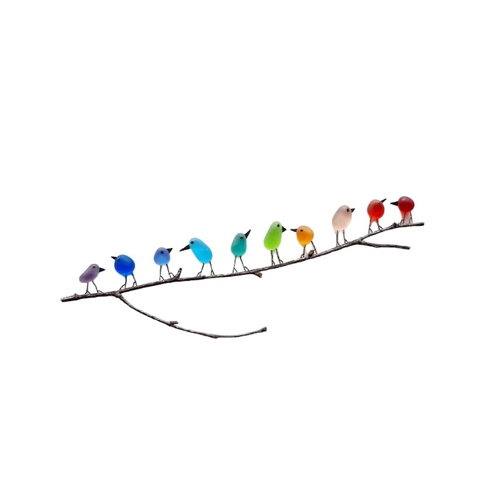 Tablou decorativ cu pasari din sticla de mare, design unic, 10 pasari, multicolor, fara rama