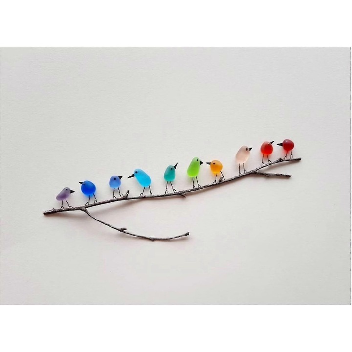 Tablou decorativ cu pasari din sticla de mare, 10 pasari, design unic, multicolor, fara rama