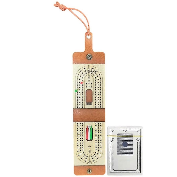 Set joc Cribbage din lemn, 6 pioni colorati, cutie din piele, 100x70x30mm