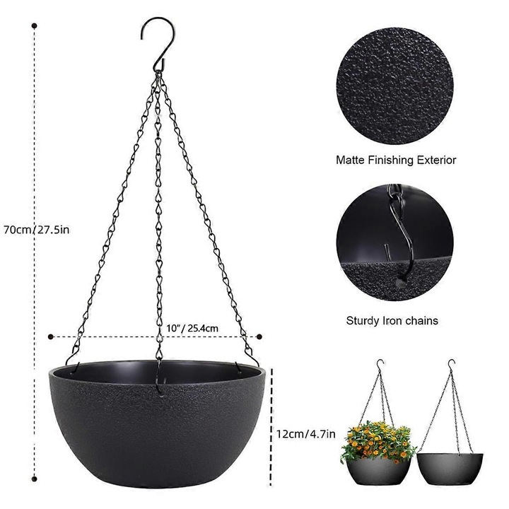 Set 2 ghivece suspendate pentru plante, cu orificii de drenaj, negru, plastic