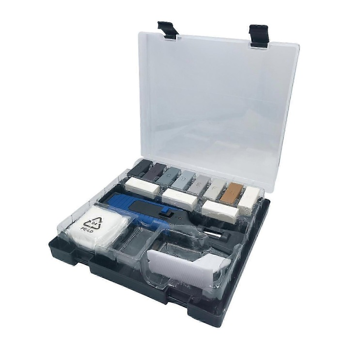 Set unelte pentru repararea pardoselilor PVC si vinil, 19x19.5x4cm, 11 blocuri de ceara, pena electrica, racleta