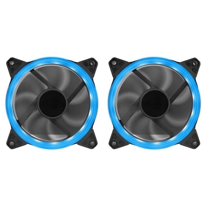 Set 2 Ventilatoare PC CIT Blue Ring 12cm 120mm 16 LED-uri 48.7CFM