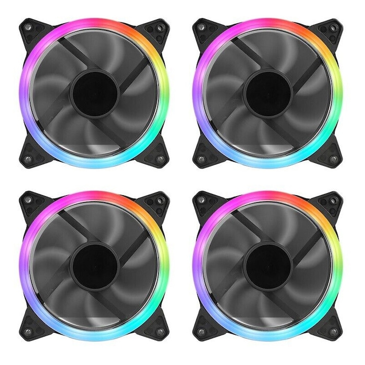 Set 4 ventilatoare PC GameMax Rainbow Ring 16 LED, 12cm, 120mm, 4-Pin/3-Pin, multicolor