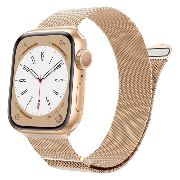 Curea Milanese Metalica MUGIM® pentru Apple Watch Ultra, 10, 9, 8, 7, 6, 5, 4, SE, SE2, Diagonala Display 38/40/41/42 mm, Respirabila, Magnetica, Champagne Gold
