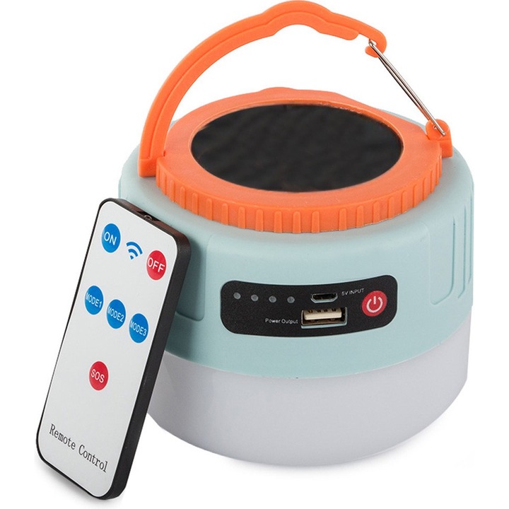 Lampa solara portabila cu LED, USB, telecomanda si functie powerbank, 4 moduri de iluminare, pentru camping, drumetii, pescuit, picnic, gradina
