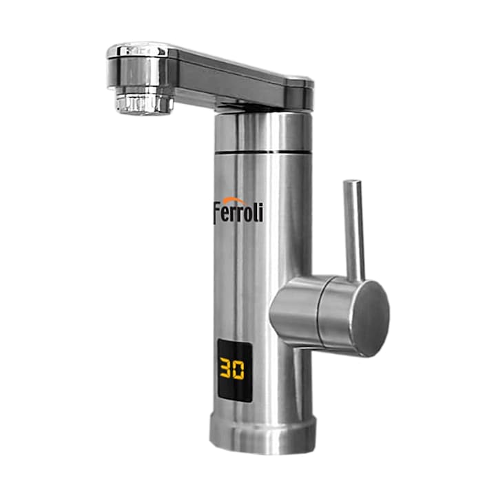 Robinet electric instant, cu afisaj digital LCD, pentru chiuveta, 0.6 bar, protectie la supraincalzire, grad de protectie IPX4, finisat in culoare gri