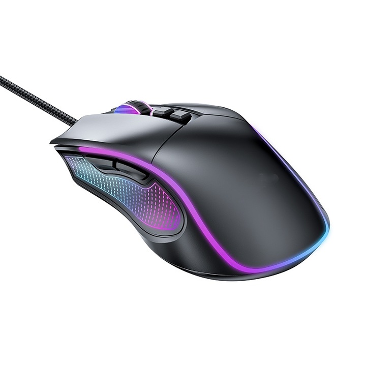 Mouse de gaming, RGB, 1000-7200 (reglare DPI cu 6 viteze), receptiv, latenta redusa, prindere confortabila, ergonomic, USB, negru