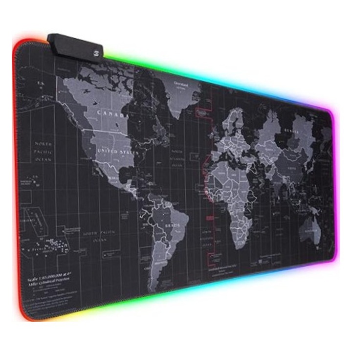 Mousepad Gaming Harta Lumii, RGB,900x400x4mm, antiderapant, margini cusute, Mouse pad extra mare, luminos, Tastatura RGB colorata, birou, negru