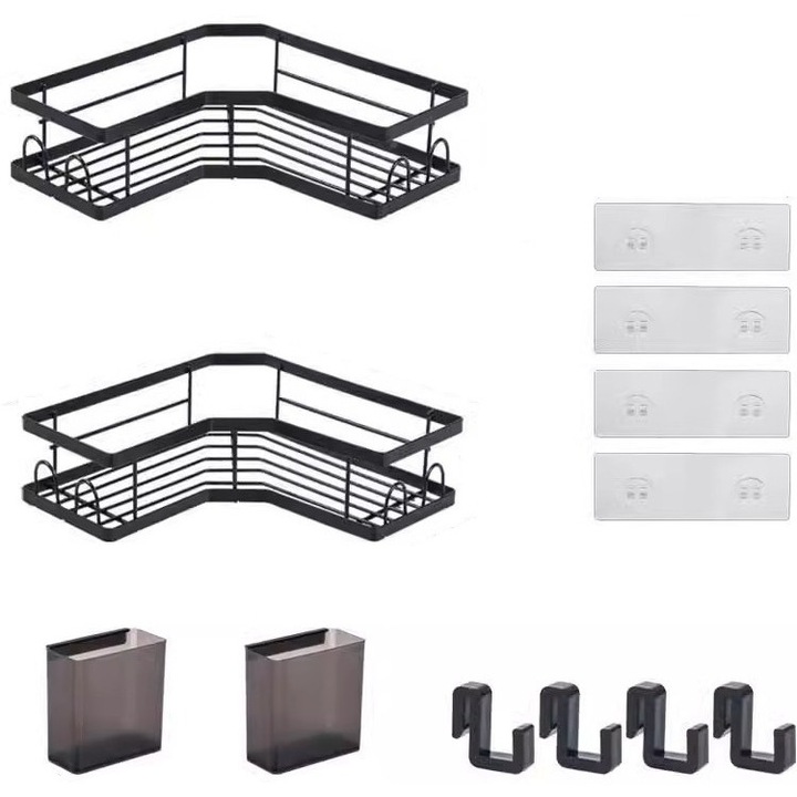 Rafturi de colt pentru baie si Dus, cu doua suporturi pentru periuta si pasta de dinti, Negru, Montarea coltului, Cadru cu 2 straturi, Rezistent la umezeala si rugina, Instalare fara perforare, Structura orificiului de scurgere
