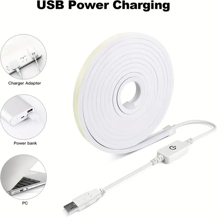 5V USB захранван извит COB LED неон, 8.33-24.99см, IP65 водоустойчив, регулируем чрез тъч превключвател, подходящ за осветление на външна градина, всекидневна и шкафове, Цвят: топъл, неутрален, бял, Вътрешен LED комплект 1 м