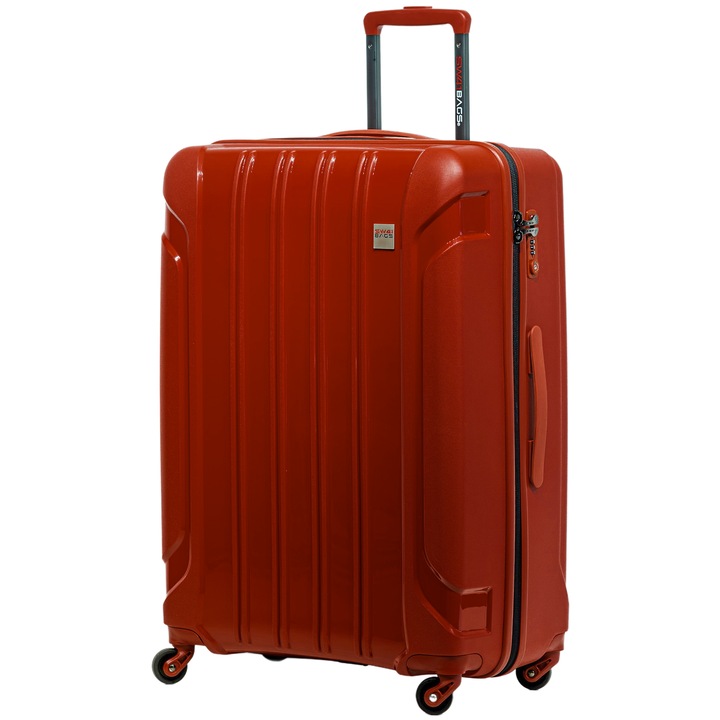 Bőrönd, Swissbags, 75 x 53 x 30 cm, Piros, Turista, Anyag 100% Polipropilén, Súly 36 kg, Tsa Kombinációs Zár, Négy Forgókerék, Ideális Utazáshoz, Kabin, Karcálló, Teleszkópos Nyél