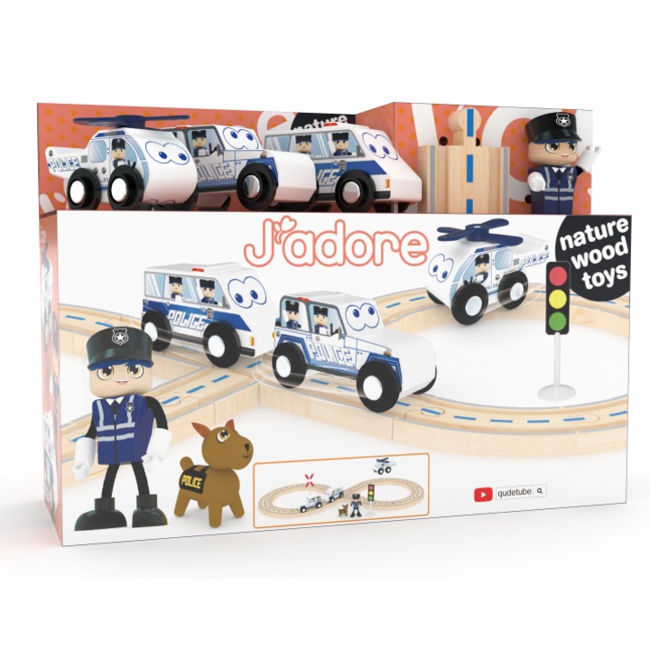 Set trenuleț din lemn, J'Adore, poliție, 25 piese, cu ofițer și câine