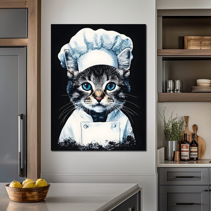 Премиум картина върху платно, LuxCanva® M1215, Chef Gheruta, 45 X 60 CM, 100% памучно платно 400g/m2, дървена рамка, котка, кухня, гастрономия, котешки, готвач, костюм, ресторант, очарователна, весела, пухкава, офис, хол, детска стая