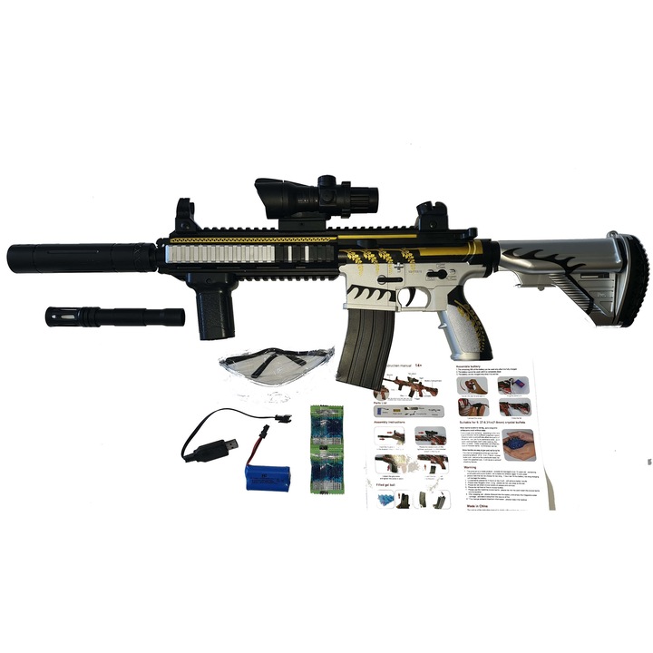 Комплект Детски електрически гел бластер карабина М416 с меки гел топчета Orbeez 7-8мм, с Li-ion батерия 7.4v, заглушител, предпазни очила, USB кабел, 2000 топчета, Зелен/Черен