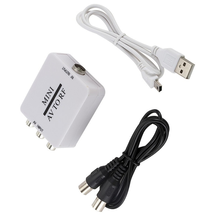 Convertor de antena 3 x RCA la RF, pentru video si audio, Robust si durabil, performanta stabila, compact si portabil, usor de utilizat, plug and play, utilizat pe scara larga, Alb