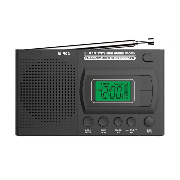 Radio portabil, FM/AM/SW, afisaj LCD, afisaj ceas, mufa audio de 3, 5 mm, difuzor incorporat, 125x74x27 mm, negru