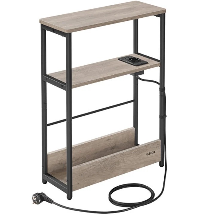 Keskeny mellékasztal konnektorral és USB töltőportokkal, 3 polccal, 45x18x58 cm, szürke