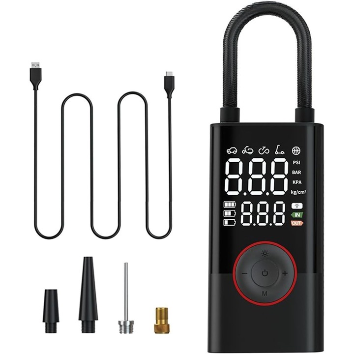 Compresor de aer portabil 150PSI, mini pompa de aer electrica cu display LCD, set cu 4 duze, negru