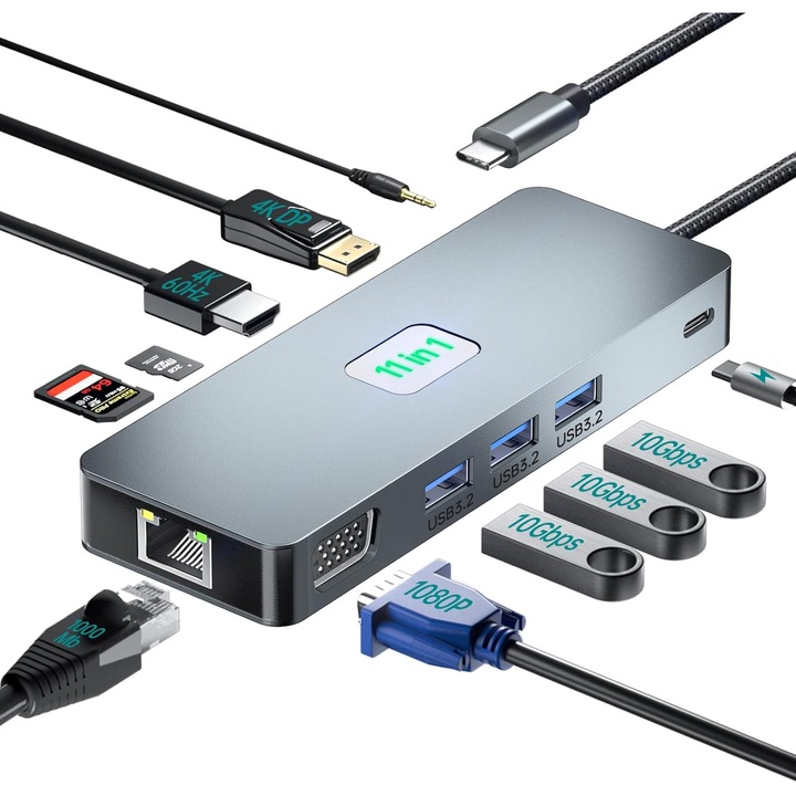 Хъб адаптер Многопортов 11 в 1 USB-C 3.2 TechEeee към HDMI 4K@60Hz / DP 4K@60Hz / VGA 1080P@60Hz / RJ45 Ethernet 1000Mbps / 3 x USB 3.2 / TF и SD четец за карти / 3.5-мм жак аудио / PD порт 100W, Докинг станция за лаптоп, MacBook, Chromebook, телефон