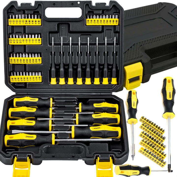 Mágneses csavarhúzó és bitkészlet, króm-vanádium acél, ergonomikus fogantyúk, mágneses hegyek, kényelmes táska, 100 mm, többszínű, 65 elem