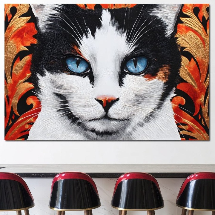 Tablou Canvas Premium, LuxCanva® M1218, Ochi de Portelan, 70 X 100 CM, Panza Bumbac 100% 400g/m2, Sasiu Lemn, Privire, Felina, Expresie, Ornamental, Portret, Ochi, Pisica, Decorativ, Auriu, Arabesc, Birou, Living, Camera Copil