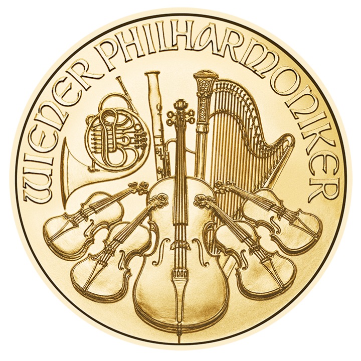 Moneda aur 24K Filarmonica din Viena 1/10 uncie 3.10 g, puritate 999.9 ‰, originala Münze Österreich, Austria