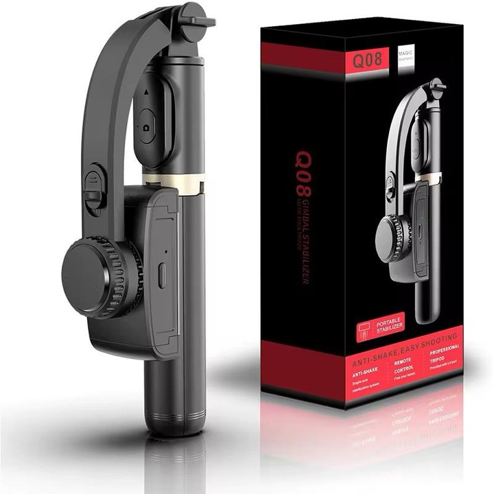 Selfie Stick Q08 3-in-1 cu Gimbal, Trepied Ascuns si Telecomanda Bluetooth