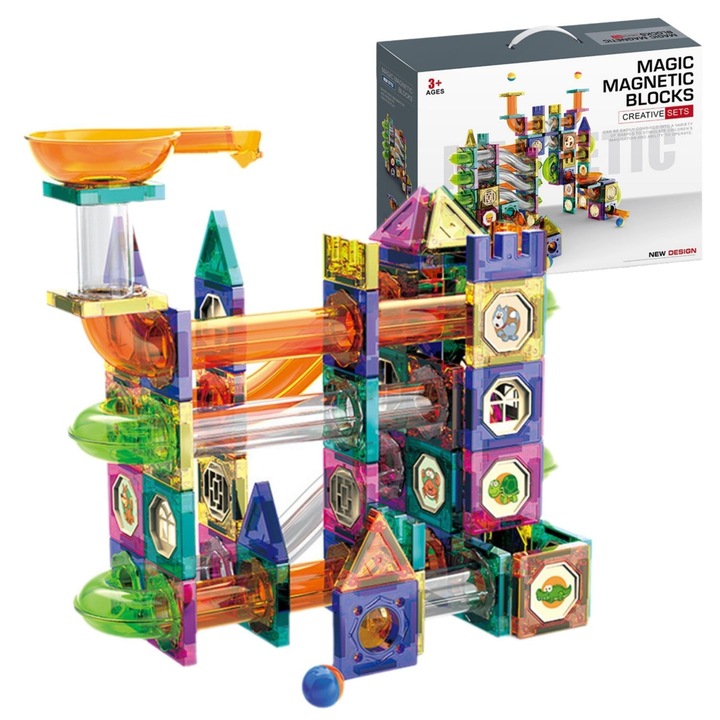 126 darabos mágneses építőkészlet – erős mágnesek, labdapálya, számos építési lehetőség, STEM, oktató és kreatív játék 3 éves kortól gyermekeknek