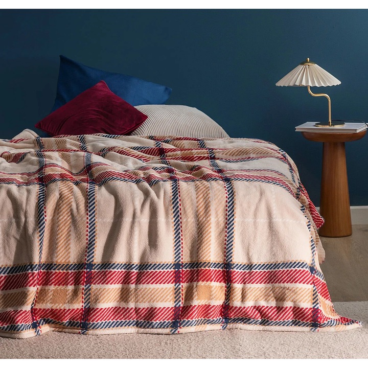 Madame Coco Antonin Welsoft mintás egyszemélyes takaró, bézs/piros, 150x220cm