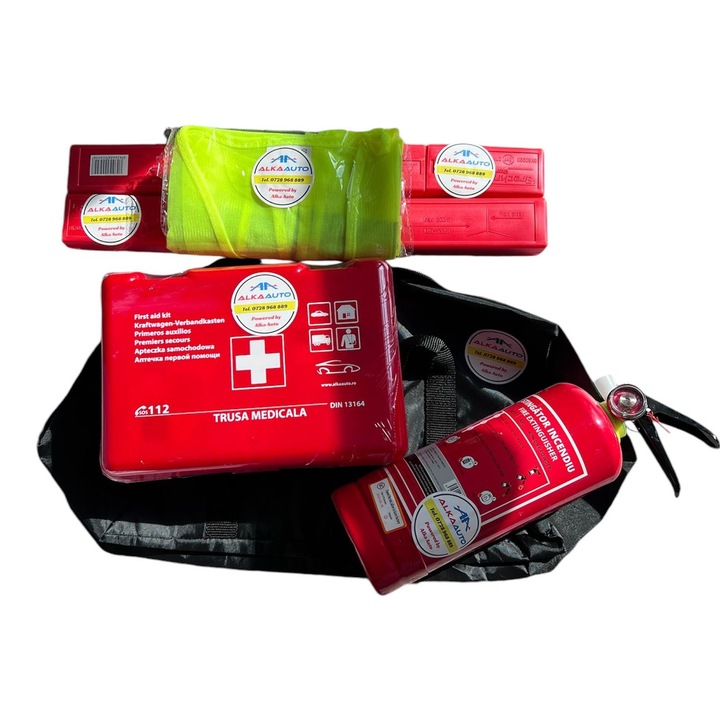 Kit Siguranta Auto Omologat european cu valabilitate 5 ani cu stingator cu pulbere