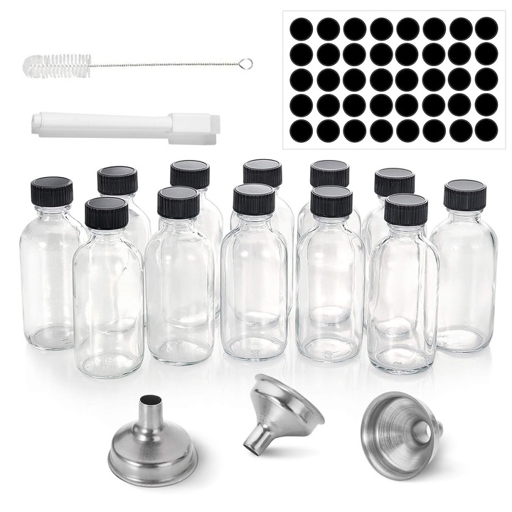Set 12 Sticle De Sticla Cu Capac, ZGGZERG, 60 ml, Cu 40 etichete, 3 palnie, 1perie de curatare, 1 marker, Sticla Rezistenta, Solutie Ecologica, Pentru lichide, calatorie, diverse utilizari, 3.8*9.5cm, Transparent