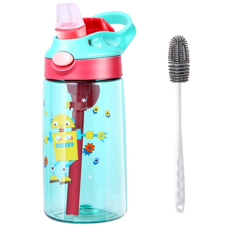 Sticla de apa copii, ZGGZERG, Cu Perie Curatare si pai din silicon, 480ml, design rezistent la coroziune, ideala pentru gradinita, camping, calatorii, cadou, 18.5*7.5CM, Verde