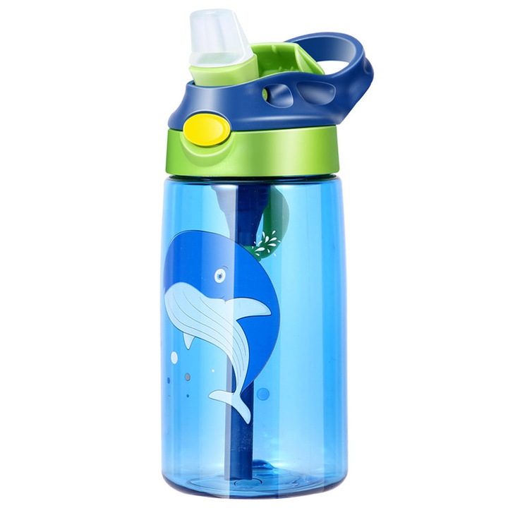 Sticla de apa copii, ZGGZERG, Cu Perie Curatare si pai din silicon, 480ml, design rezistent la coroziune, ideala pentru gradinita, camping, calatorii, cadou, 18.5*7.5CM, Albastru