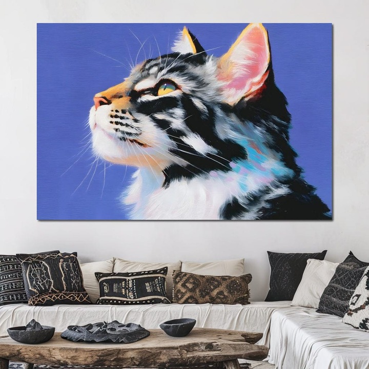 Премиум картина върху платно, LuxCanva® M1220, В очакване на зора, 70 X 100 см, 100% памучно платно 400 г/м2, дървена рамка, профил, пастел, портрет, котка, медитация, мисли, поглед, ярко, спокойно, сънуване, офис, хол, детска стая