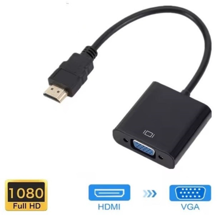 Adaptor HDMI la VGA cu Chipset, Full HD 1080p, 20cm, Negru – Conectare Laptop la Monitor VGA, Plug & Play