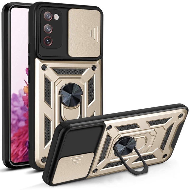 Husa pentru Samsung Galaxy S20 FE / Galaxy S20 FE 5G, SKYDDAR INNOVATION, CamShield, Inel magnetic, set cu sticker, Auriu