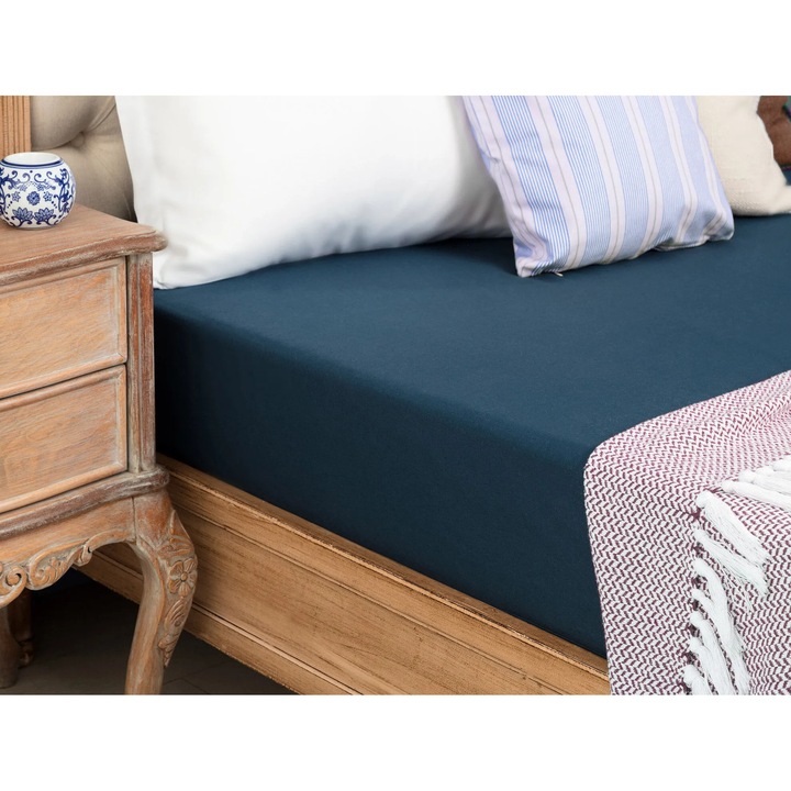 Cearceaf de pat Manon, Madame Coco, bumbac, albastru inchis, 100x200cm