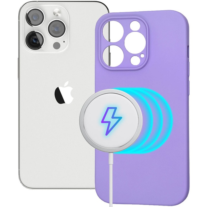 Husa tip MagSafe pentru Apple iPhone 13 Pro, Magnetic Color Shield, Silicon, Interior de microfibra, Suprafata aderenta, Atasare magnetica, Compatibila incarcare wireless, Regular Fit, Antisoc, Lavanda