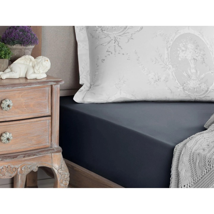 Cearceaf elastic Manon King Size, Madame Coco, bumbac 100%, antracit, 180x200cm