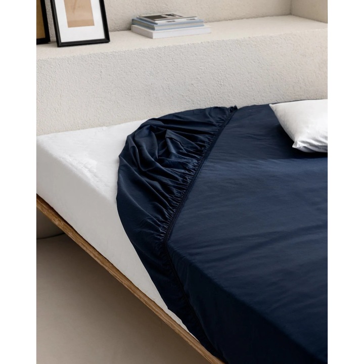 Cearceaf pat single Madame Coco Manon bumbac ranforce albastru inchis 100x200cm