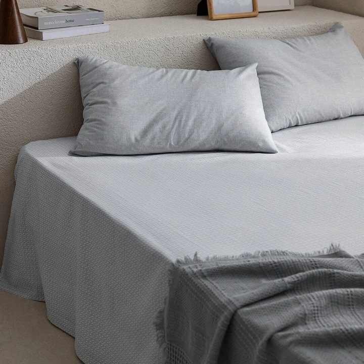 Cearceaf de pat single, Madame Coco, bumbac, gri, 160x230cm, 1 cearceaf, 1 fata de perna