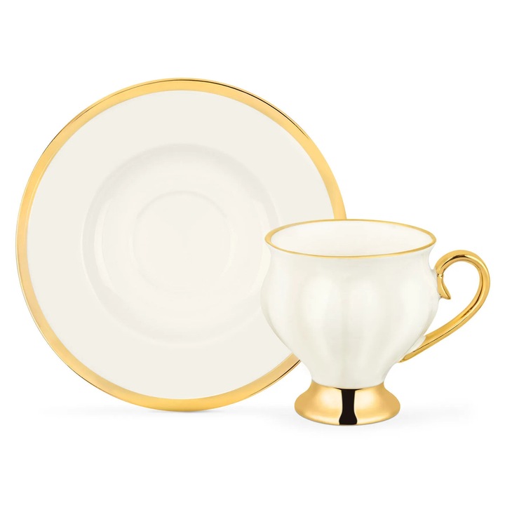 Set 2 cesti de cafea, Porțelan, Auriu/Alb, 90 ml