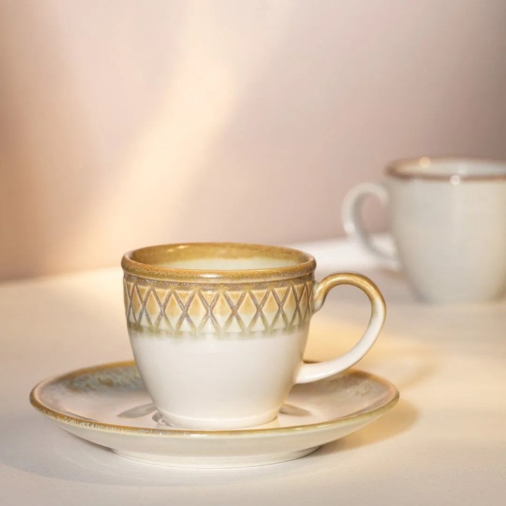 Set de 6 Cani din Portelan, Madame Coco, Crem/Pamant, 90 ml