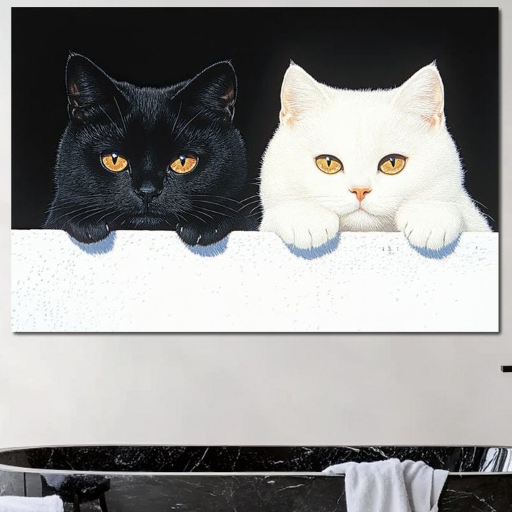 Tablou Canvas Premium, LuxCanva® M1221, Paznicii Canapelei, 80 X 120 CM, Panza Bumbac 100% 400g/m2, Sasiu Lemn, Pisici, Alb si Negru, Dualitate, Pereche, Blanosi, Impreuna, Adorabil, Jucaus, Armonie, Feline, Birou, Living, Camera Copil